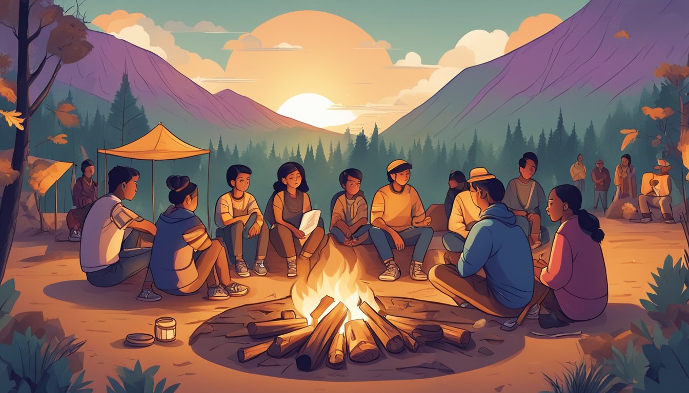 A diverse group of people gather around a campfire, with various cultural and sociopolitical symbols displayed around the site