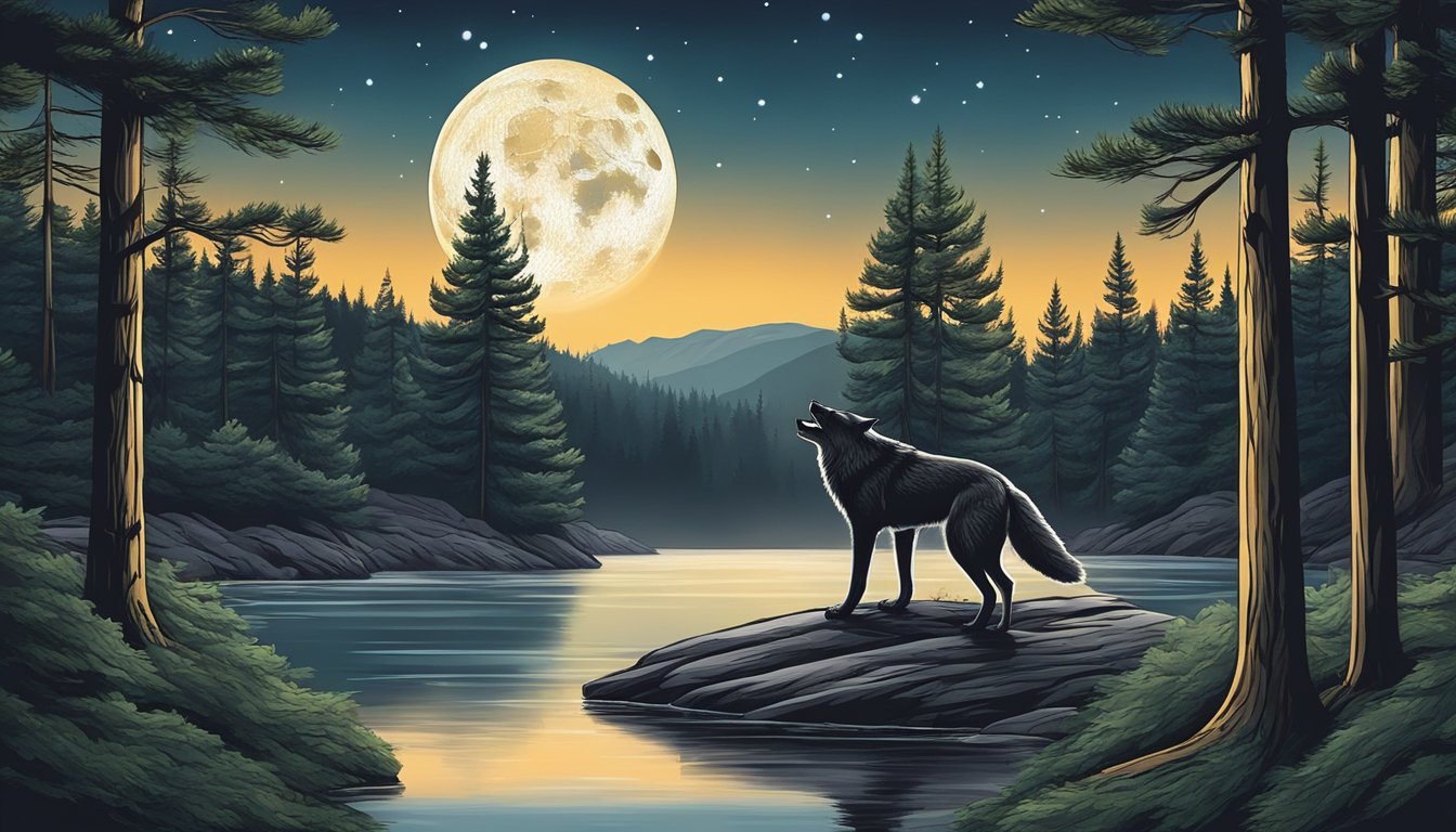 A lone wolf howling under a full moon, surrounded by towering pine trees and a river flowing through the forest