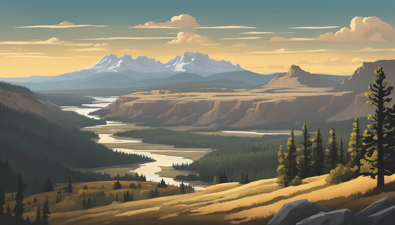 A sweeping landscape of the iconic Yellowstone National Park, with a dramatic sky and rugged terrain, setting the stage for the upcoming events in Season 2 Episode 1