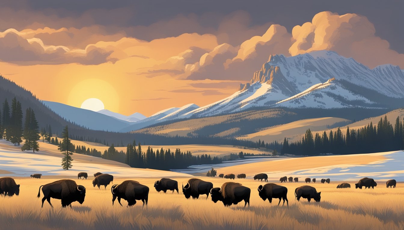 A dramatic shot of the Yellowstone ranch at sunset, with the iconic mountains in the background and a herd of bison grazing in the foreground