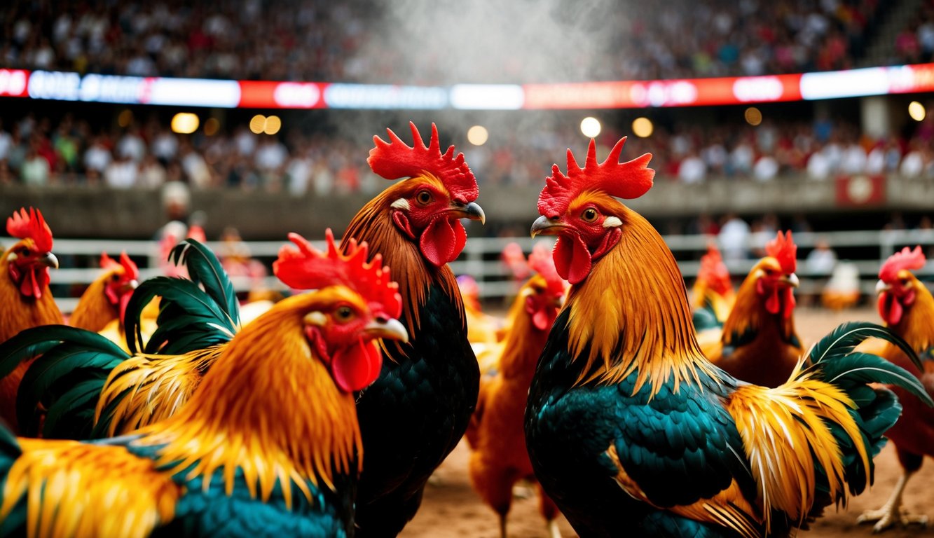 Sebuah arena yang ramai dengan ayam jantan berbulu warna-warni saling berhadapan dalam pertarungan ayam yang tegang dan hidup