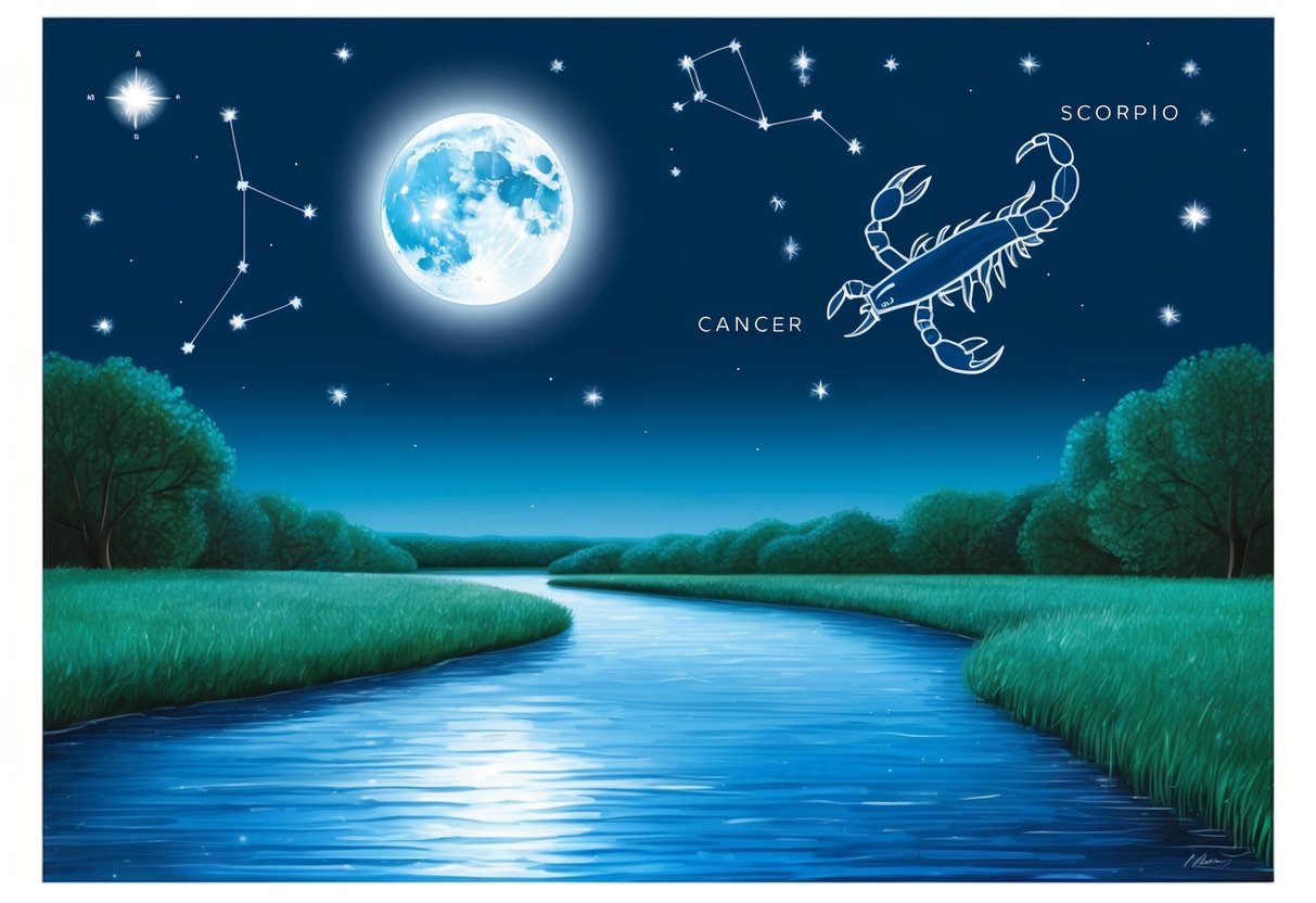 A serene night sky with a full moon shining down on a calm, flowing river, with a cancer and scorpio constellation visible in the stars above