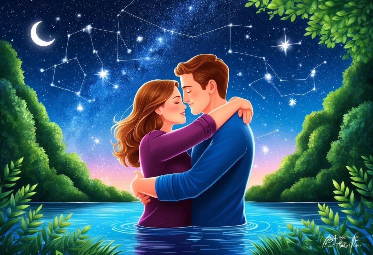 A cancer and scorpio embracing under a starry night sky, surrounded by water and lush greenery, conveying deep emotional connection