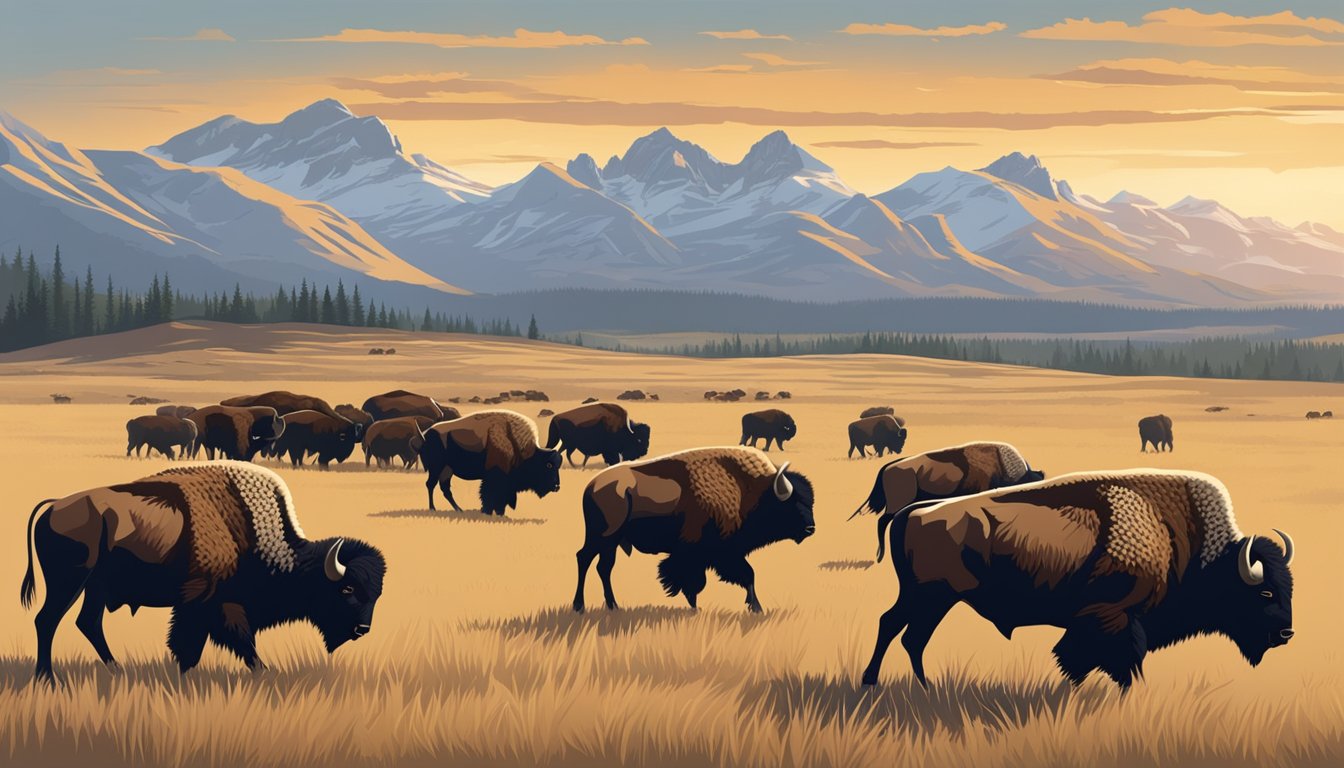 A herd of bison grazing in a vast open field, with the dramatic backdrop of the Rocky Mountains in the distance