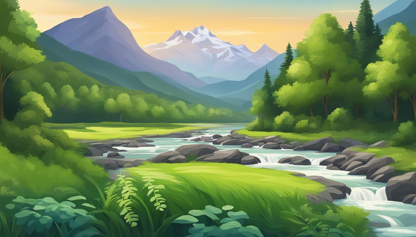 A picturesque landscape with a flowing river, lush greenery, and a dramatic mountain backdrop