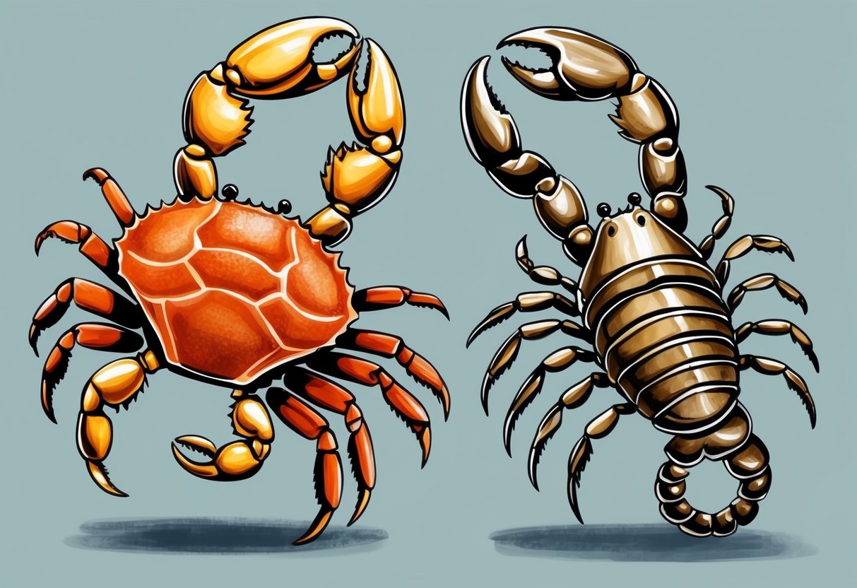 A crab and a scorpion stand back to back, their claws interlocked in a show of trust and loyalty. The two zodiac signs gaze at each other with mutual understanding and support