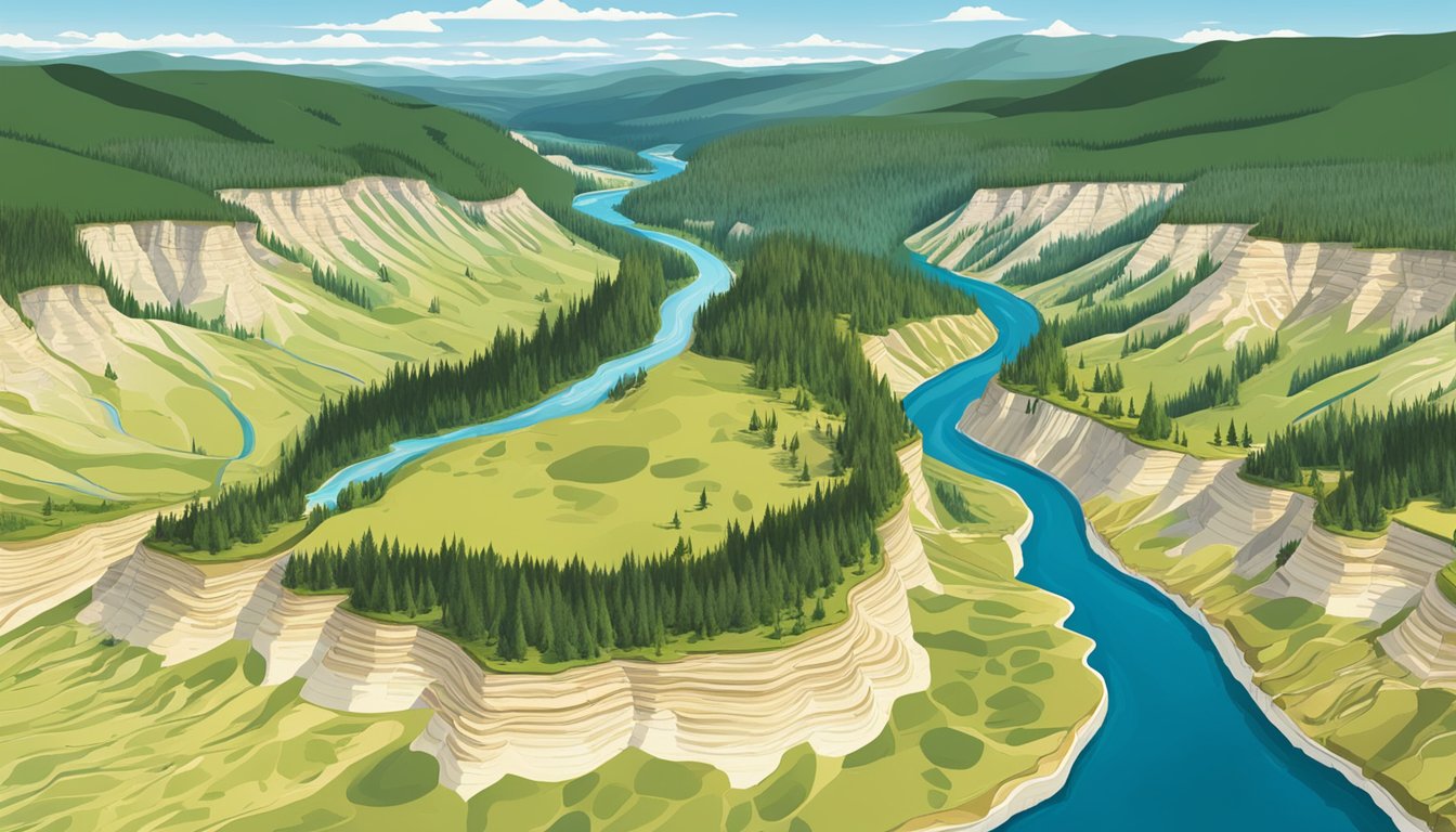 Aerial view of Yellowstone National Park, with rolling hills, lush forests, and a winding river under a clear blue sky