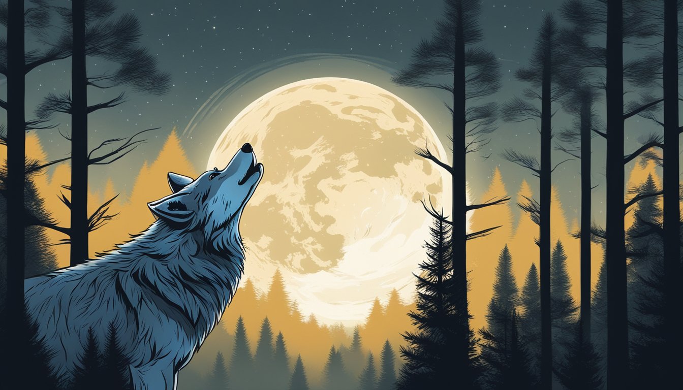 A lone wolf howls under a full moon, surrounded by towering pine trees in a remote forest clearing