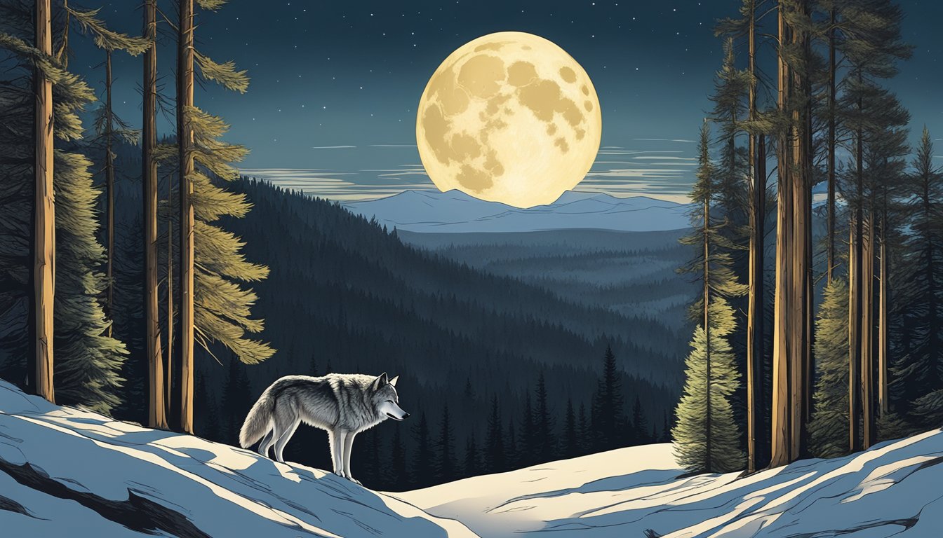 A lone wolf howls beneath a full moon, surrounded by towering pine trees and the rugged beauty of Yellowstone National Park