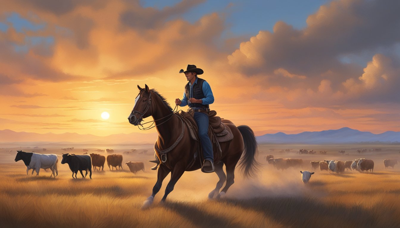 A cowboy on horseback herding cattle through a vast, open field with a dramatic sunset in the background