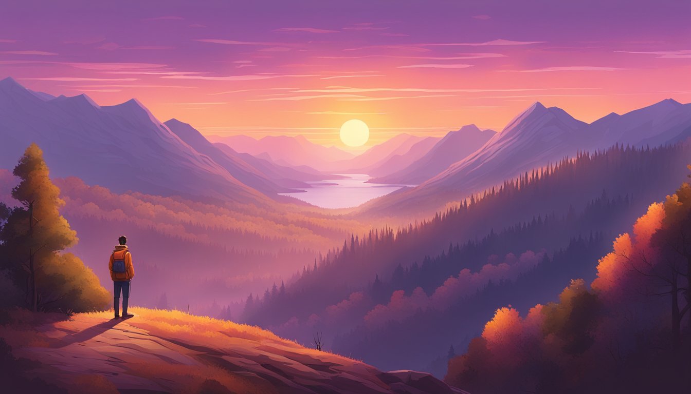 A lone figure stands at the edge of a vast, rugged landscape, surrounded by towering mountains and dense forests. The sky is a brilliant mix of oranges, pinks, and purples as the sun sets behind the horizon