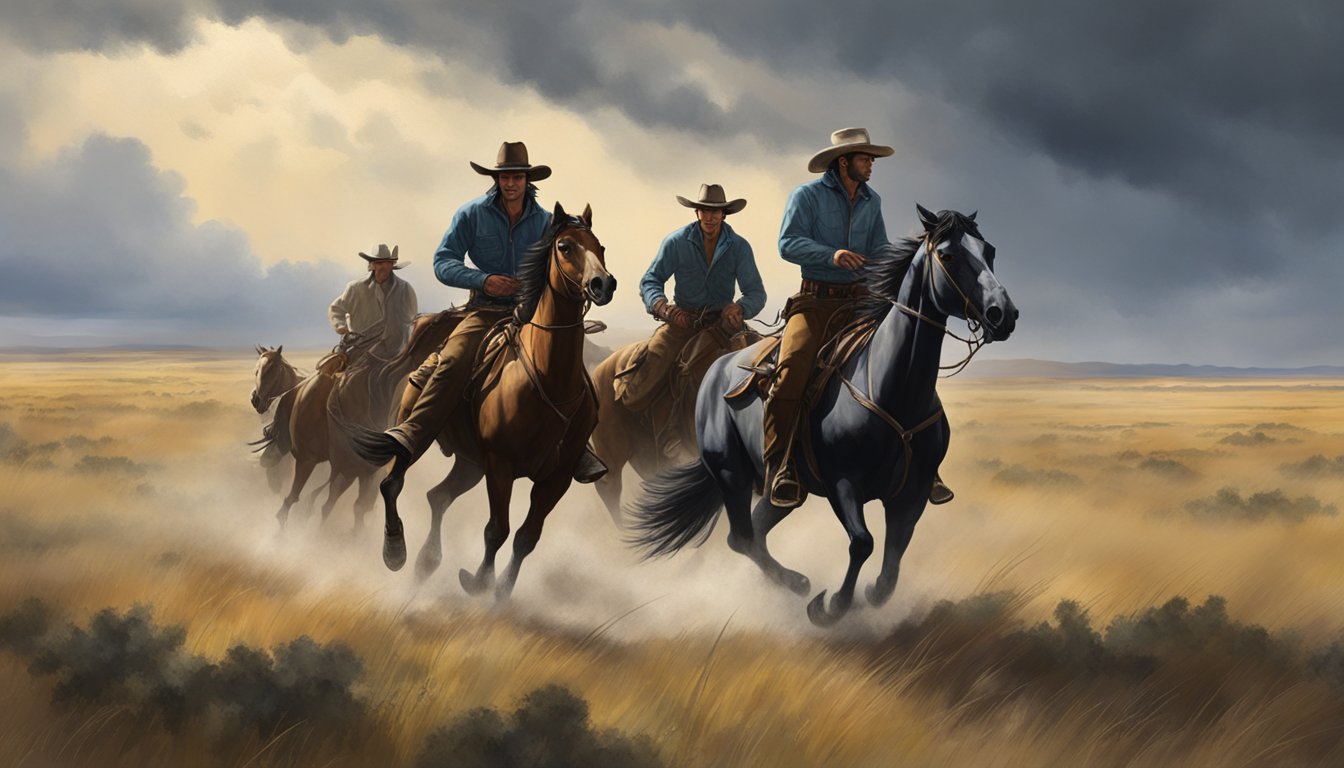 A dramatic confrontation between two rival groups of cowboys on horseback in a vast, open prairie. The sky is filled with dark clouds, hinting at an impending storm