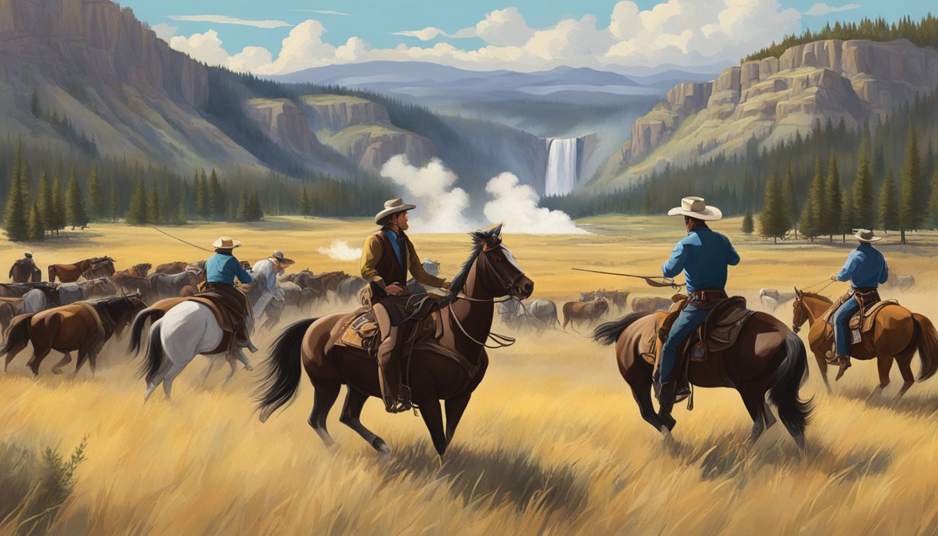 A dramatic showdown at the Yellowstone ranch, with characters facing off amidst the rugged beauty of the Montana landscape