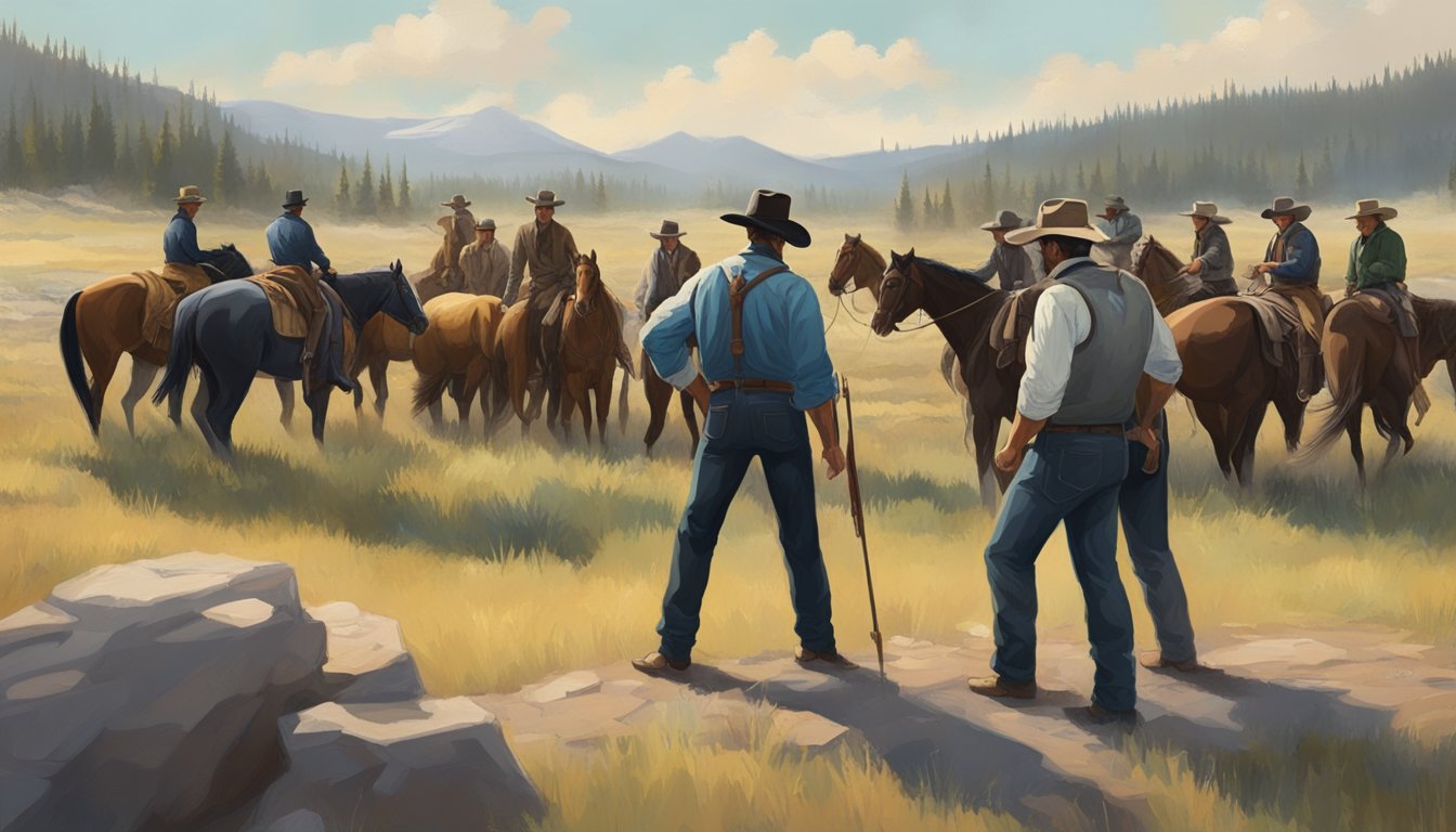 A tense standoff between two rival groups at the Yellowstone ranch, followed by a heated negotiation leading to a resolution