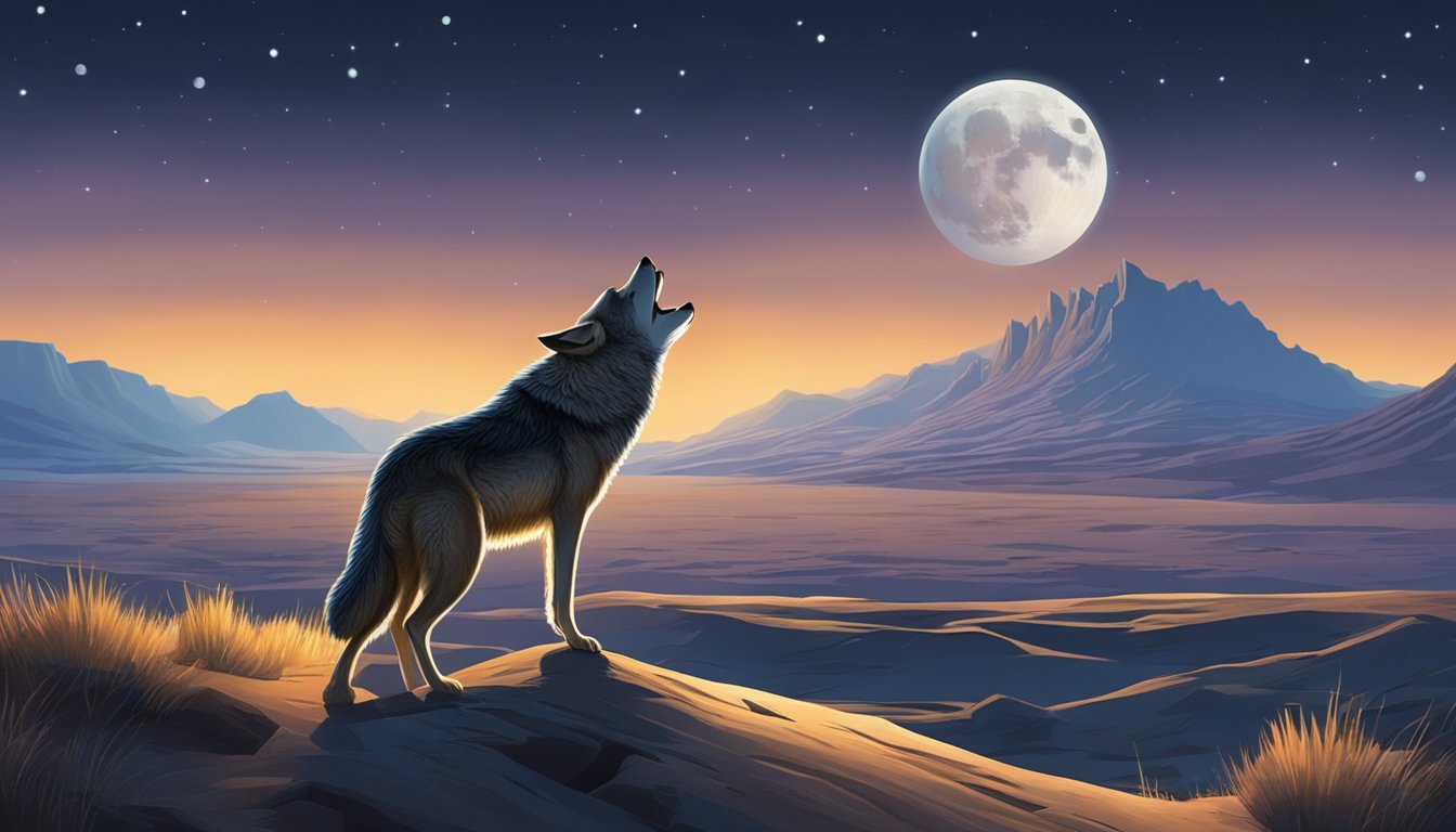 A lone wolf howls under the moonlight in a vast, desolate landscape