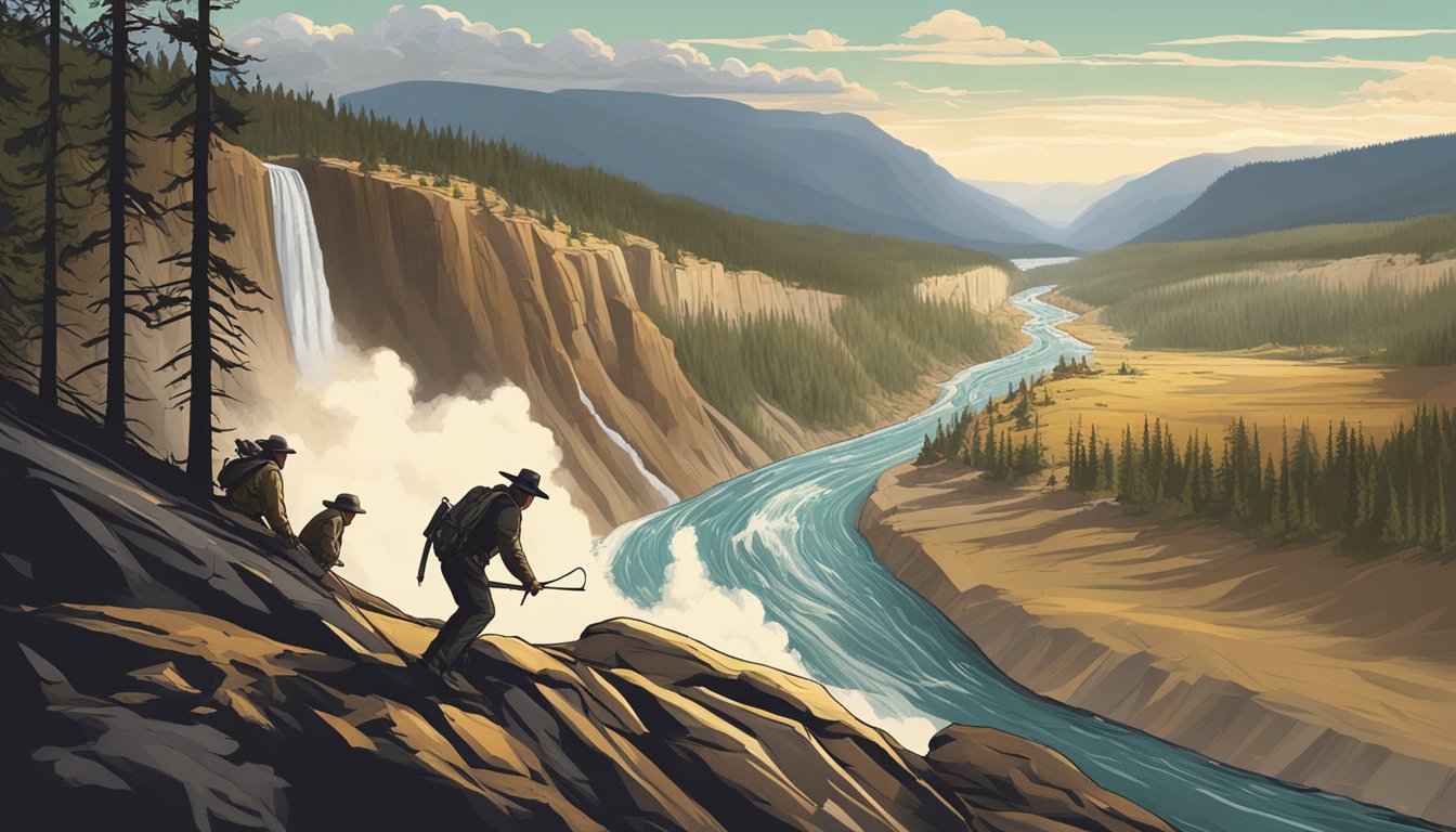 A dramatic showdown at the edge of a steep cliff overlooking a raging river, with the iconic Yellowstone mountains in the background