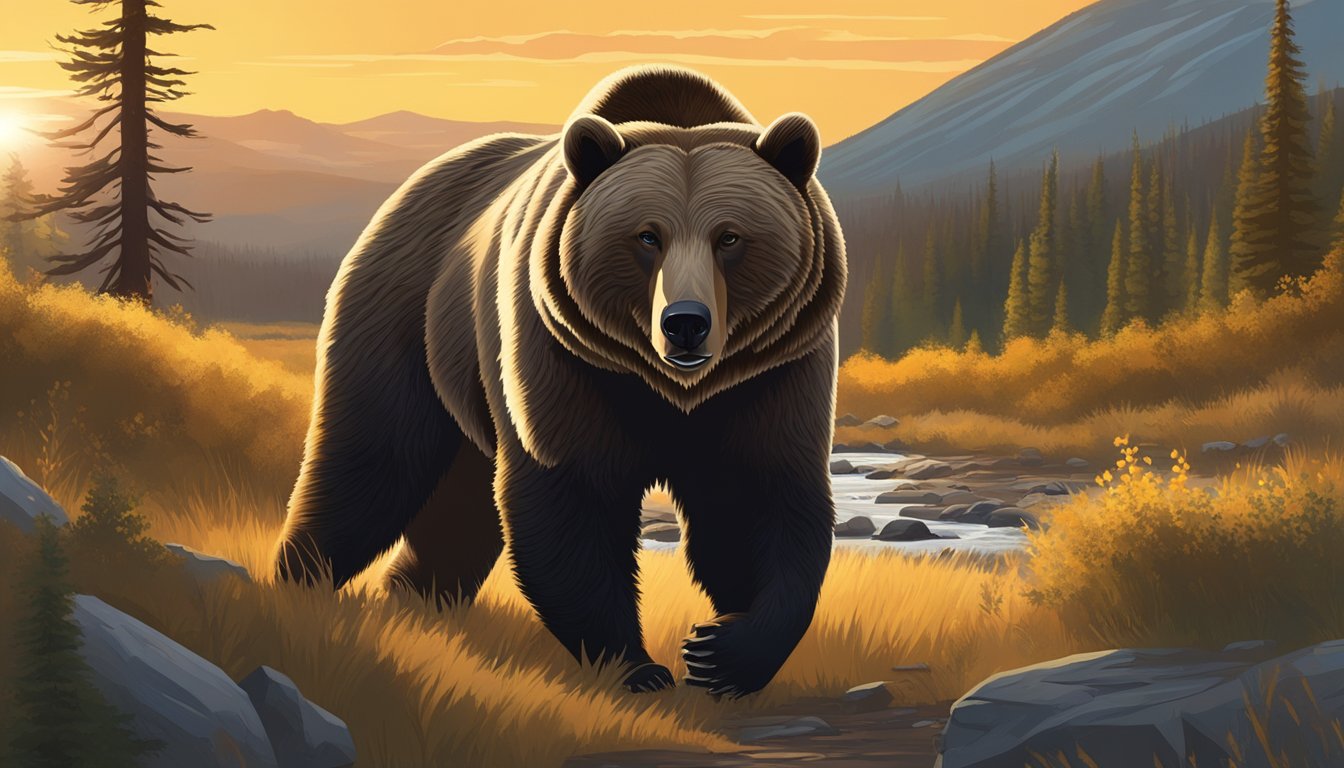 A grizzly bear roams through a dense forest, with a backdrop of the iconic Yellowstone landscape. The sun sets in the distance, casting a warm glow over the scene