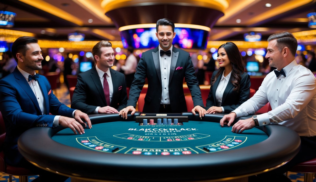 Sebuah meja blackjack yang ramping dan modern dengan dealer dan pemain profesional, dikelilingi oleh suasana kasino yang hidup dan meriah.