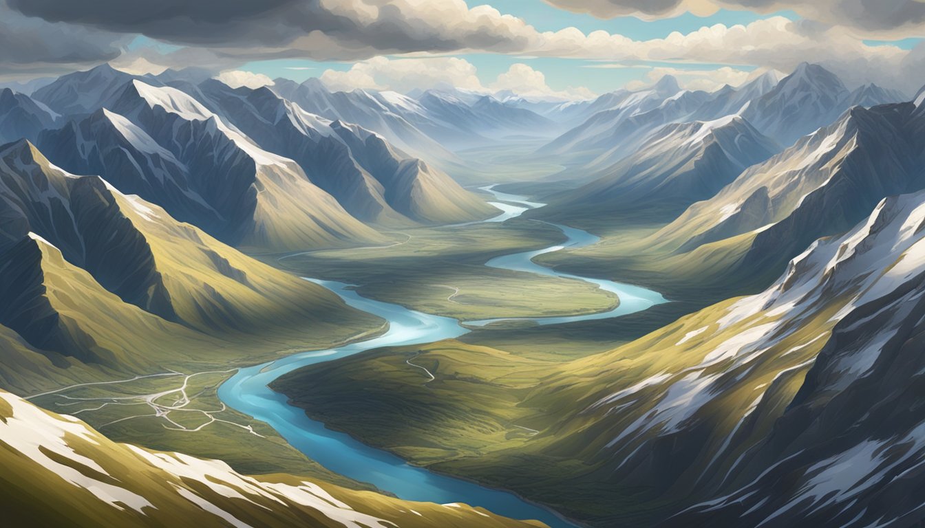 Aerial shot of a vast, rugged landscape with winding rivers and snow-capped mountains under a dramatic, cloudy sky