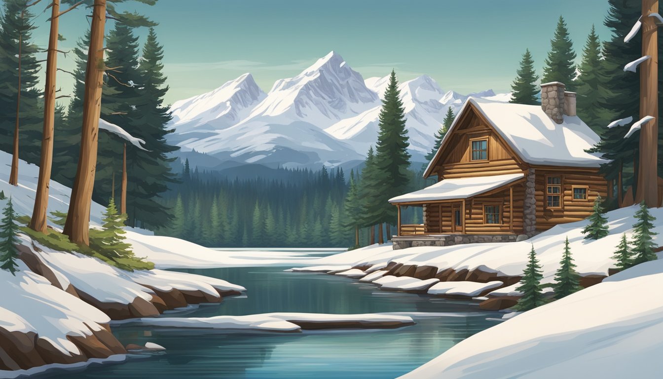 A rustic cabin nestled among towering pine trees, with a winding river and snow-capped mountains in the background