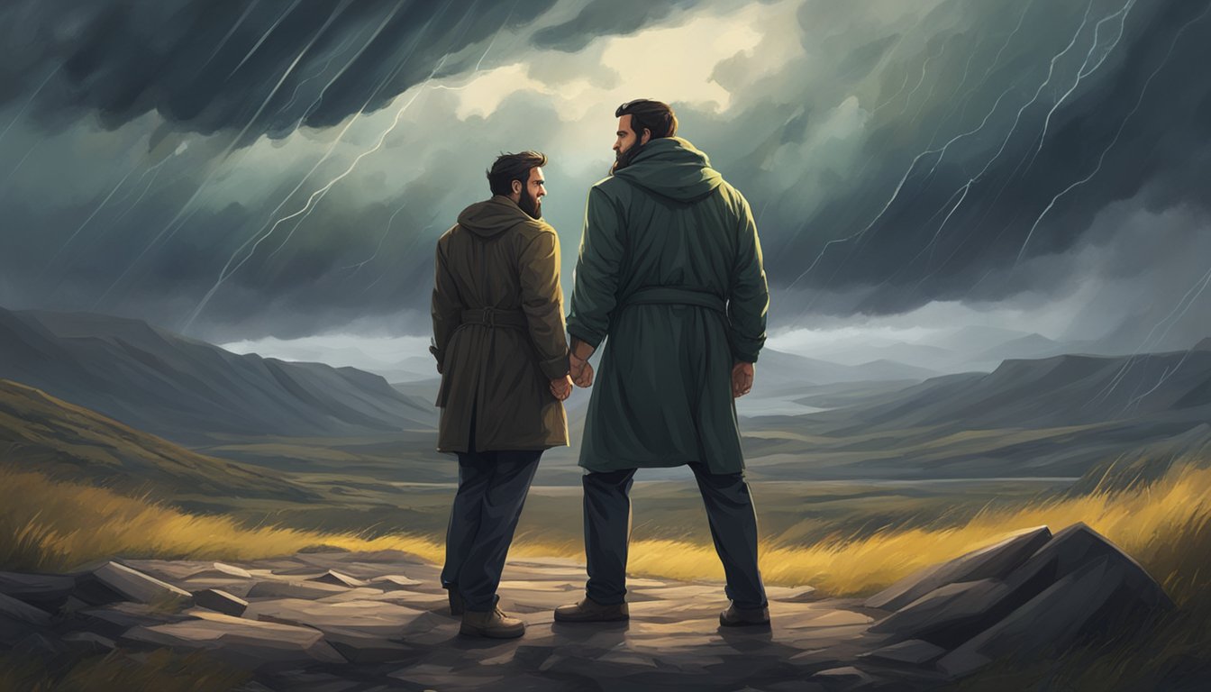 A dramatic confrontation between two characters in a rugged, outdoor setting with a stormy sky and intense emotions