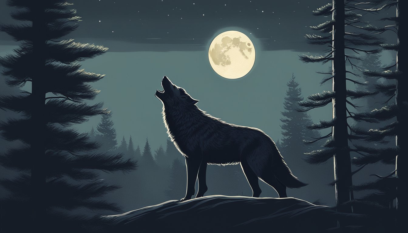 A lone wolf howls under a full moon, surrounded by towering pine trees and a dark, foreboding sky