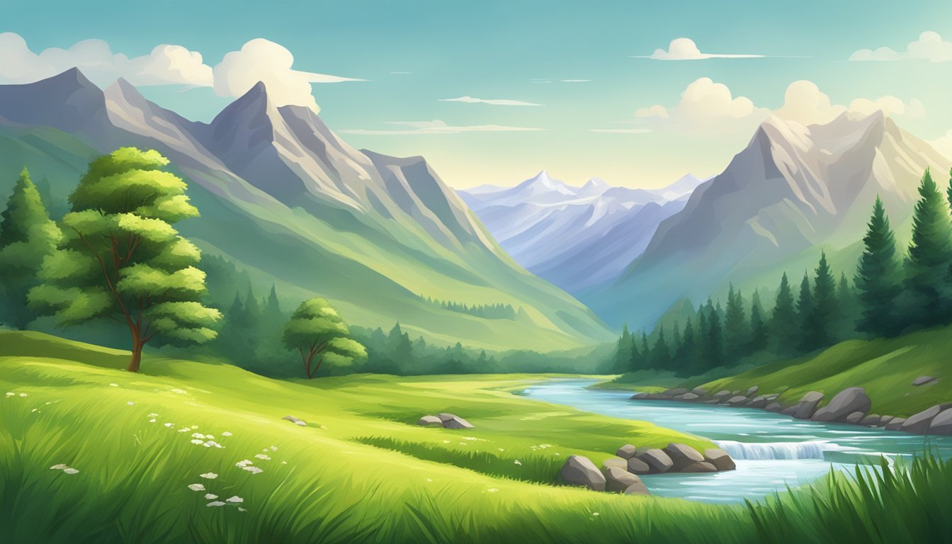 A serene meadow with a flowing river, surrounded by towering mountains and lush greenery