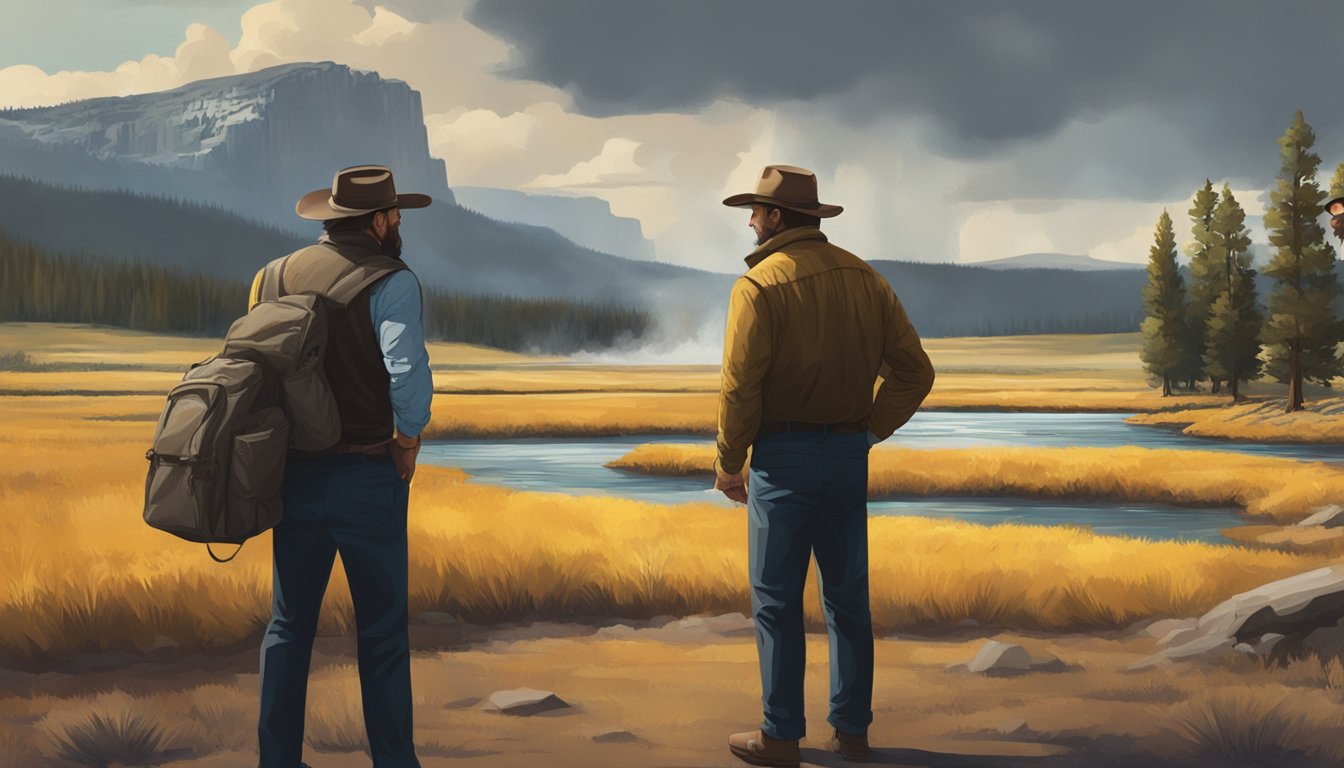 A dramatic confrontation between two actors in a tense, outdoor setting with the iconic Yellowstone landscape as a backdrop