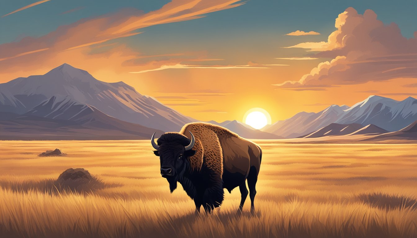 A dramatic shot of a lone bison standing in a vast, open field with the sun setting behind the mountains in the distance