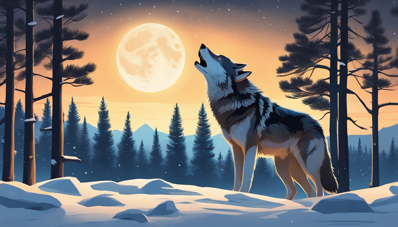 A lone wolf howls under the moonlight in a desolate, snow-covered landscape, surrounded by towering pine trees and the distant glow of a campfire