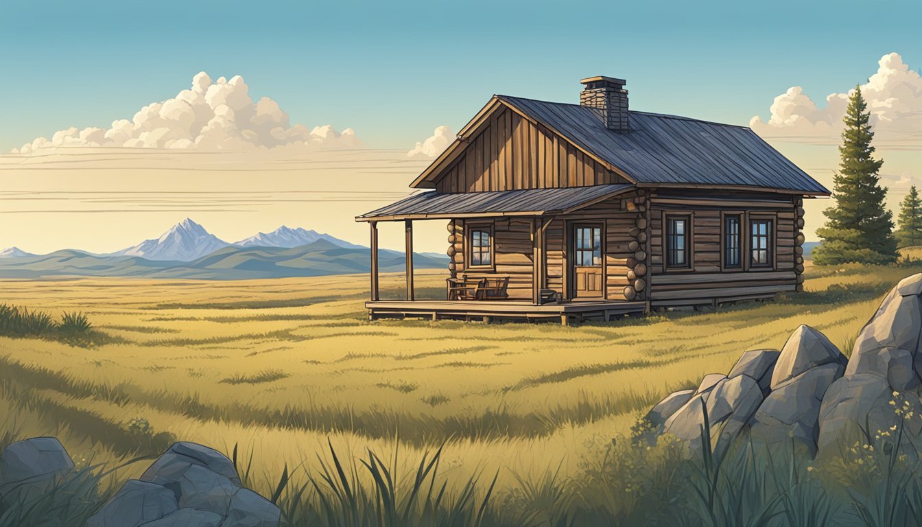 A panoramic view of a prairie with a rustic cabin and a mountain range in the background, under a clear blue sky