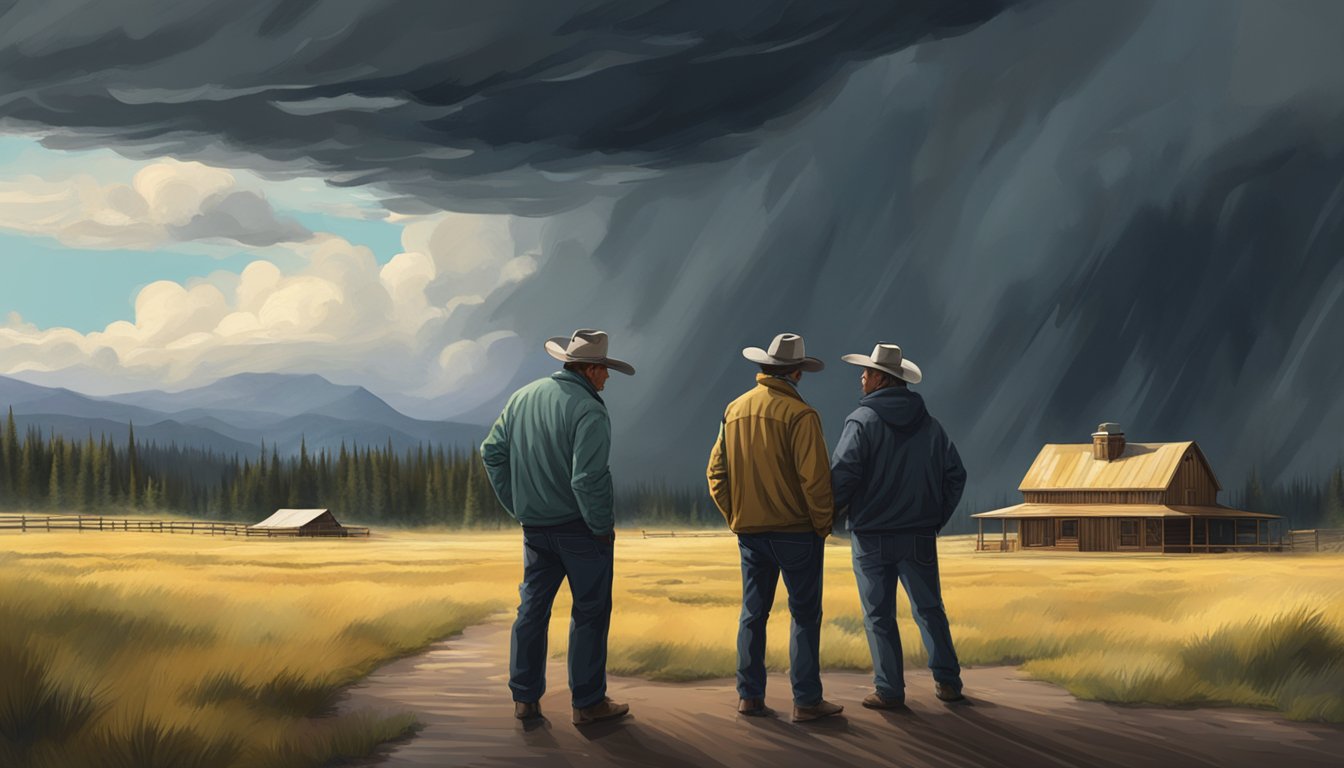 A dramatic confrontation at the Yellowstone ranch, with stormy skies and intense emotions