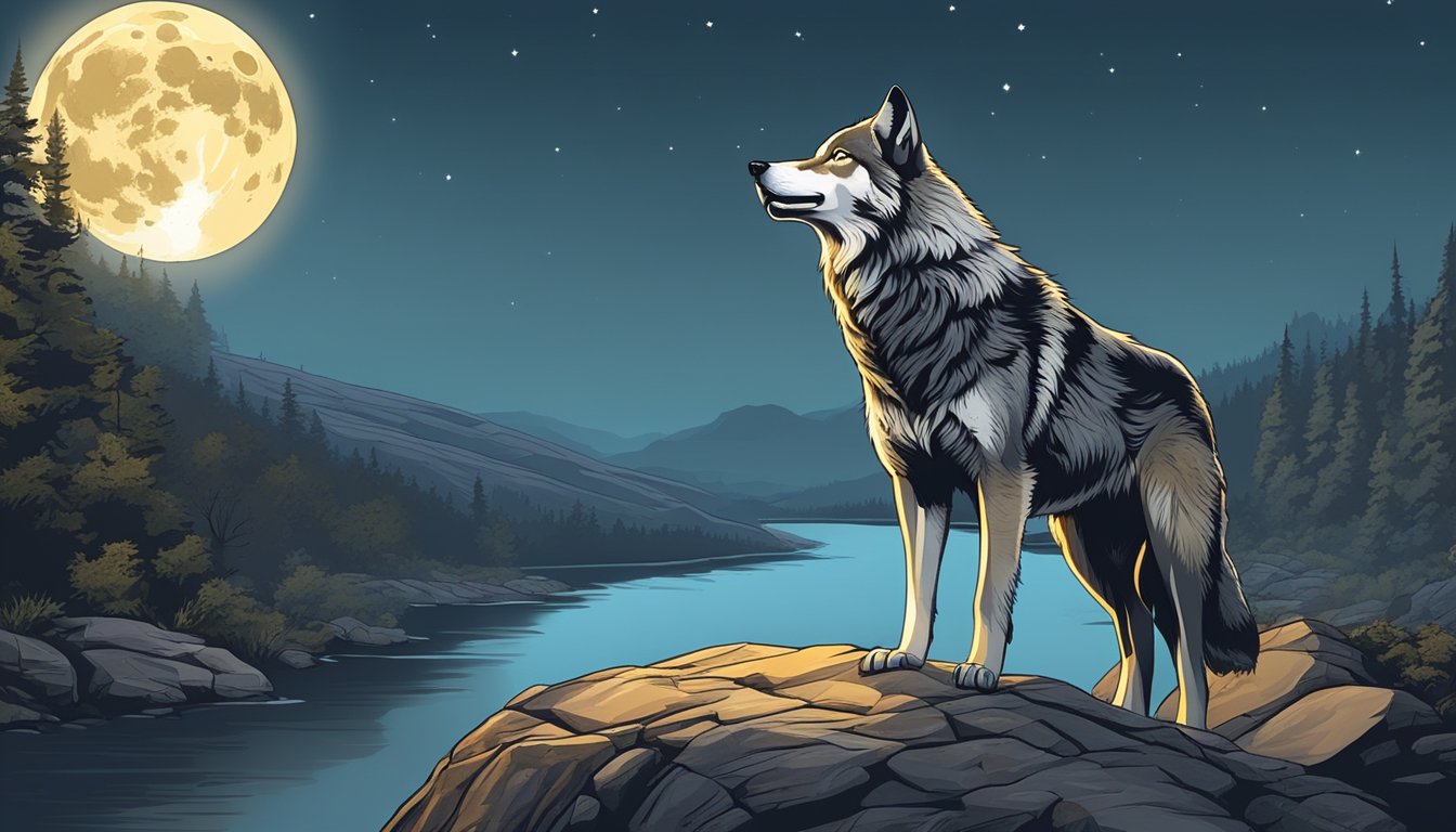 A lone wolf howling on a rocky cliff, with a full moon in the background and a river winding through the valley