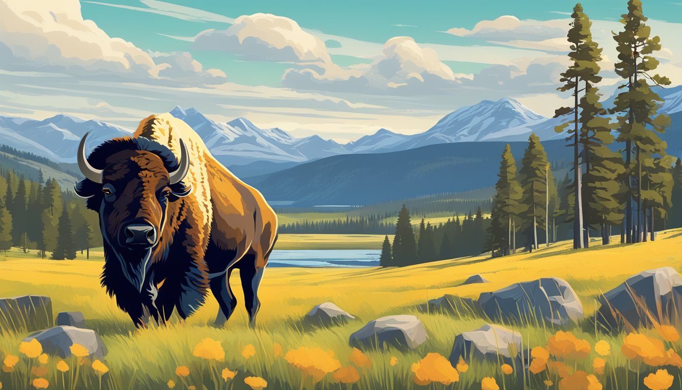 A majestic bison roams through a vibrant meadow, with the iconic Yellowstone landscape in the background