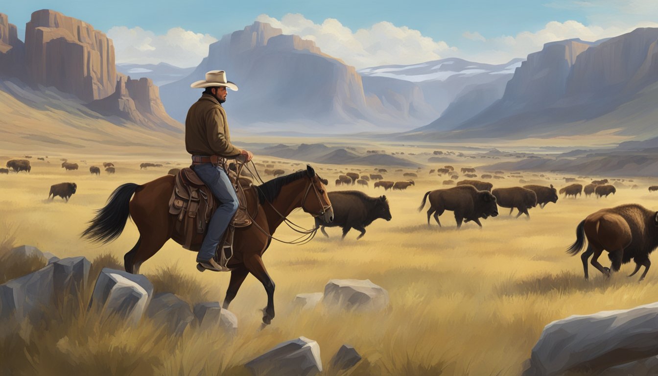 A cowboy riding a horse through a rugged landscape with a herd of bison in the background