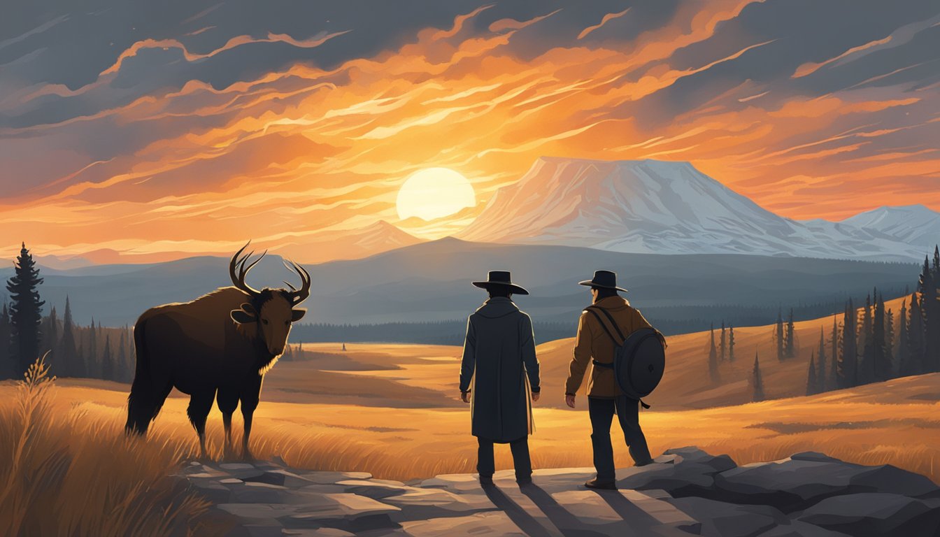 A dramatic confrontation between two characters in the midst of a fiery sunset, with the rugged landscape of Yellowstone National Park as the backdrop