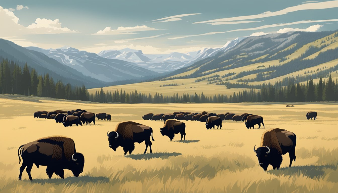 A herd of bison grazing in a vast, open field with the dramatic backdrop of the rugged Yellowstone landscape