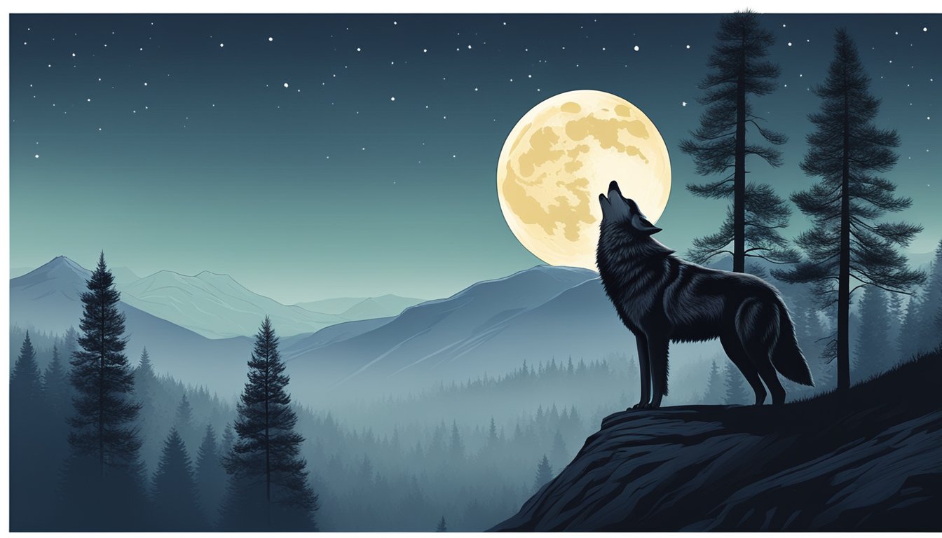 A lone wolf howls under a full moon, surrounded by towering pine trees and a misty mountain backdrop