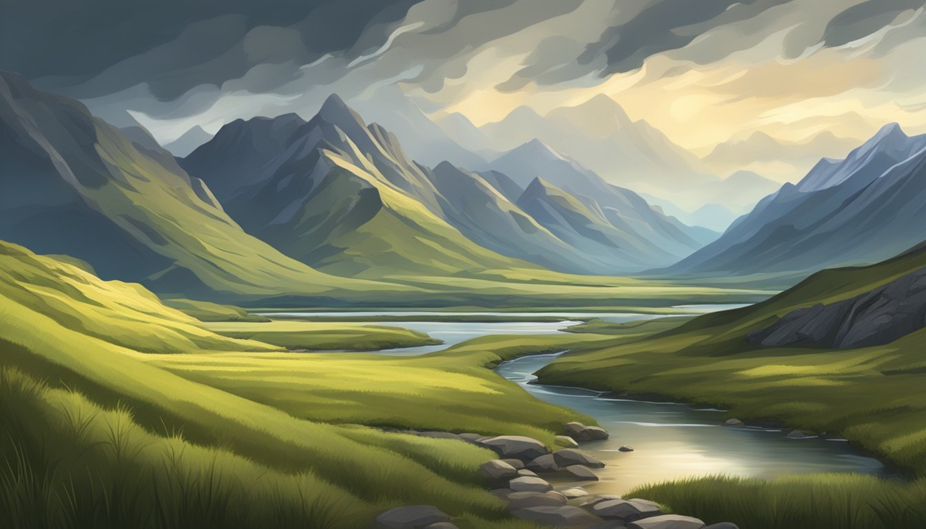 A dramatic landscape with a rugged mountain range, a winding river, and a vast expanse of grassland under a stormy sky