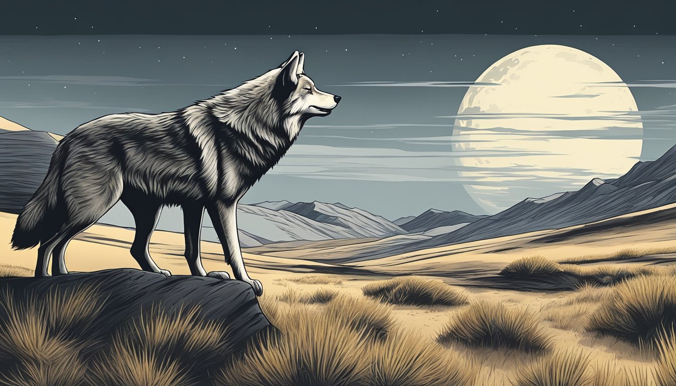 A lone wolf howling at the moon in a vast, open landscape