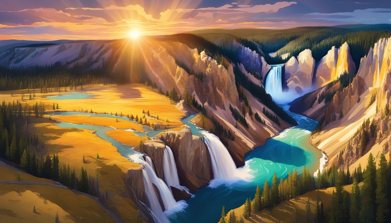 Aerial view of Yellowstone National Park at sunset with dramatic lighting and vibrant colors, accompanied by a sweeping orchestral score