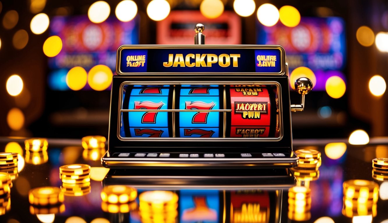 Mesin slot online yang cerah dikelilingi oleh lampu dan simbol yang bersinar, dengan jackpot yang ditampilkan secara mencolok