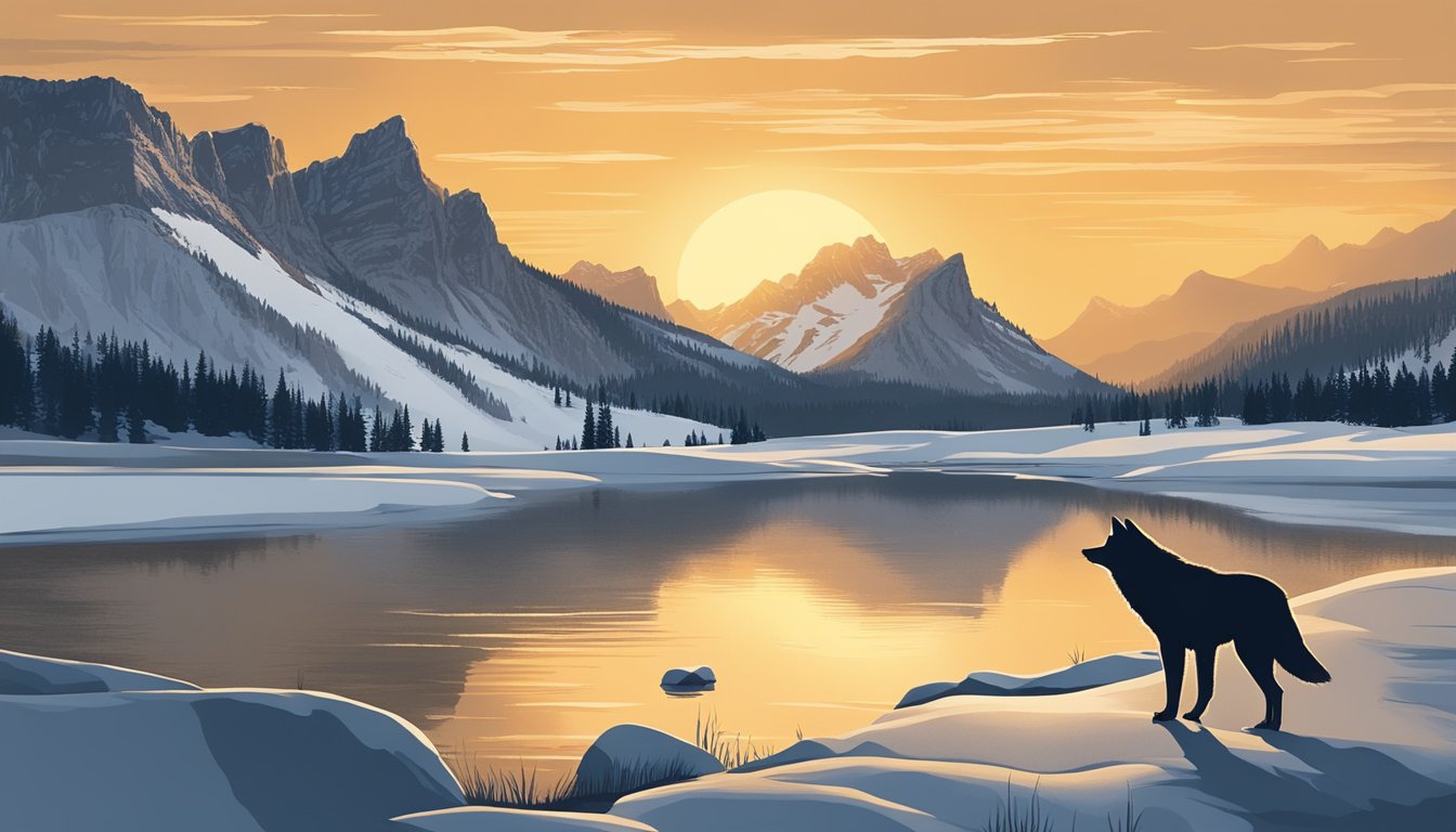 A lone wolf howling beneath the towering peaks of Yellowstone, as the sun sets in the distance