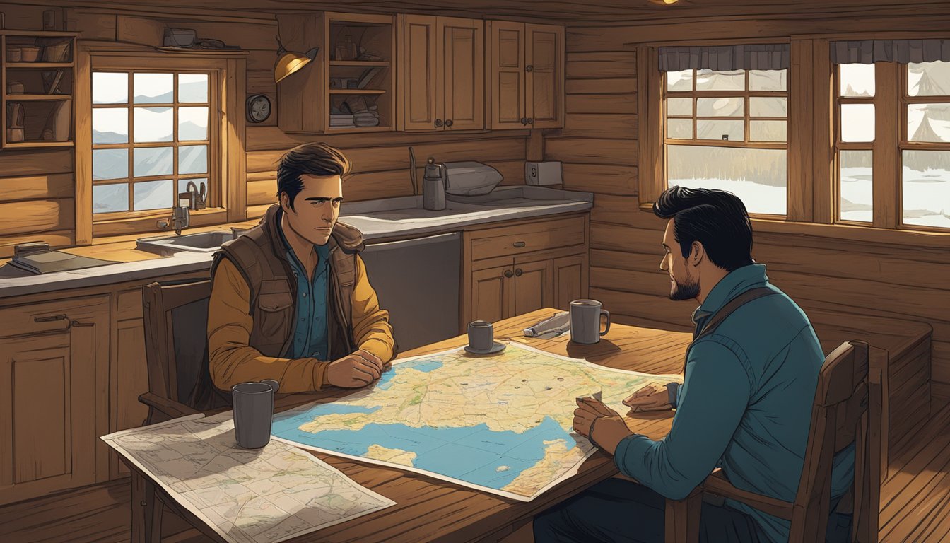 A tense conversation between two characters in a dimly lit cabin, with a map of Yellowstone spread out on the table between them