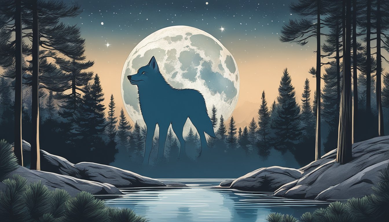 A lone wolf howls under a full moon, surrounded by towering pine trees and a bubbling hot spring in the background