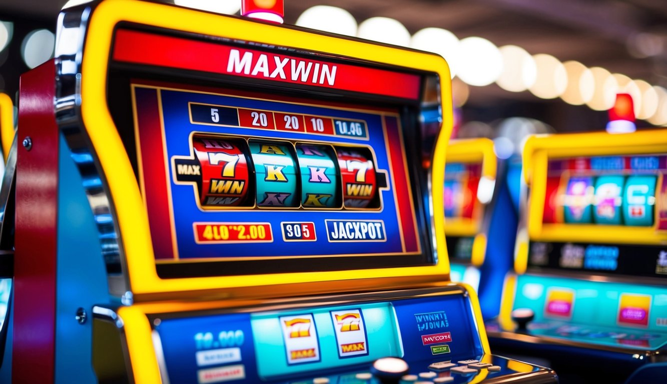 Mesin slot online berwarna-warni dengan tampilan jackpot 'maxwin' yang besar