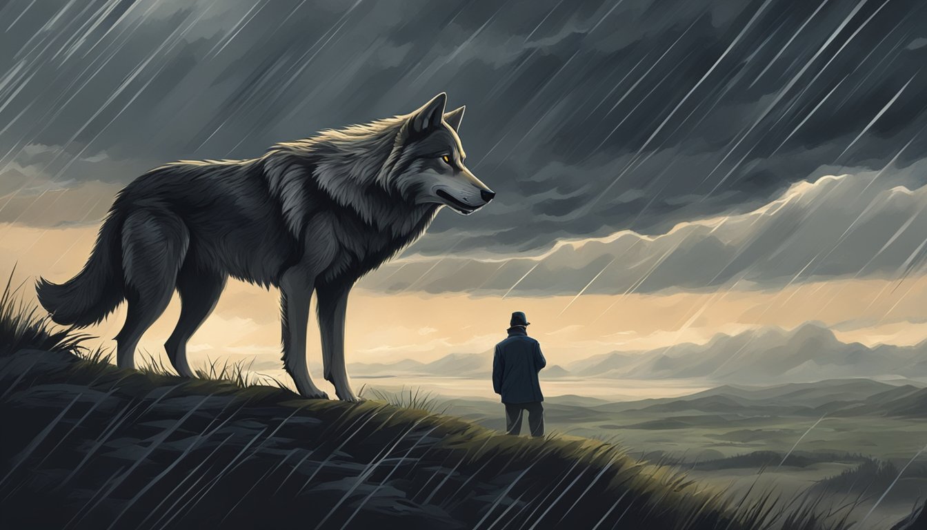 A lone wolf howls under a stormy sky, while a shadowy figure lurks in the background