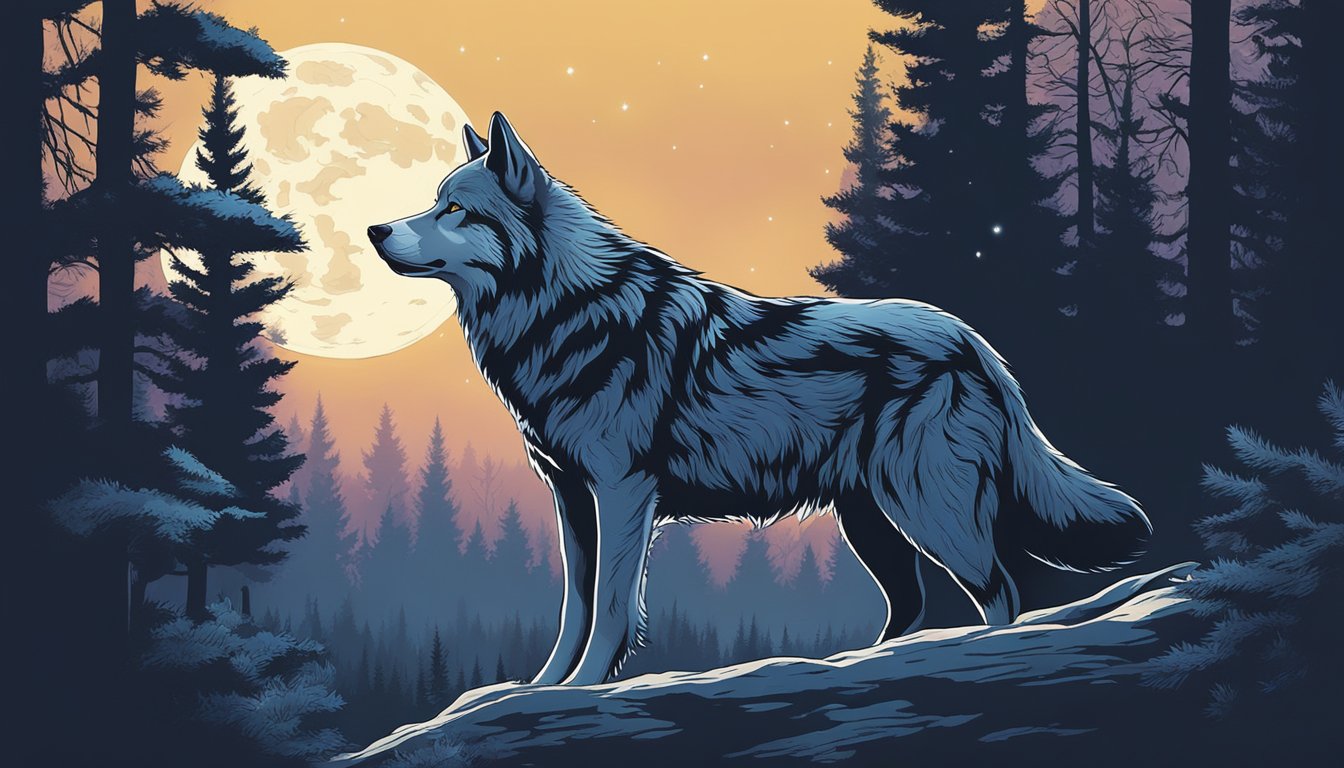 A lone wolf howls under the moonlit sky in a dense forest