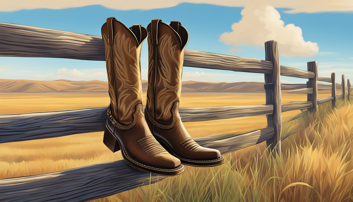 A cowboy hat and a pair of boots sit on a wooden fence post, with a backdrop of a vast, open prairie under a bright blue sky