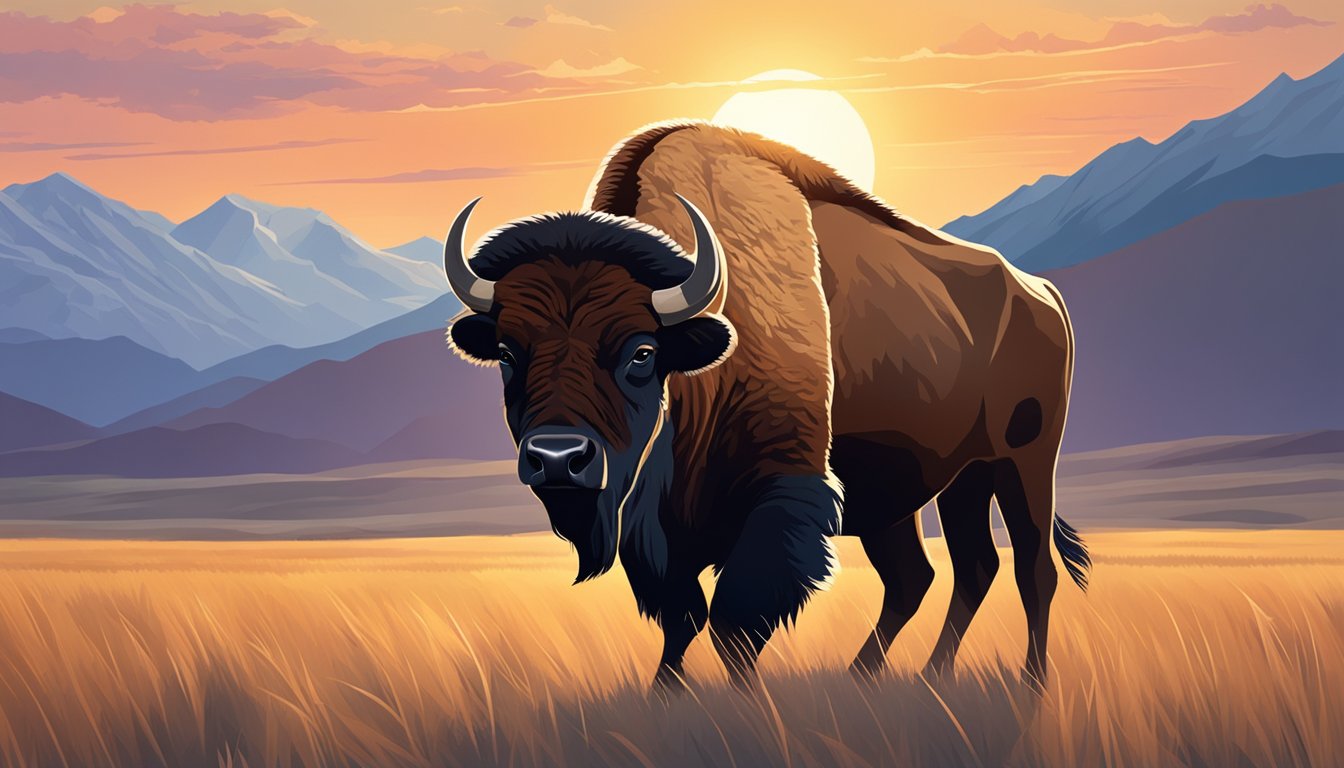 A lone bison stands in a vast, open field with mountains in the background. The sun is setting, casting a warm glow over the landscape